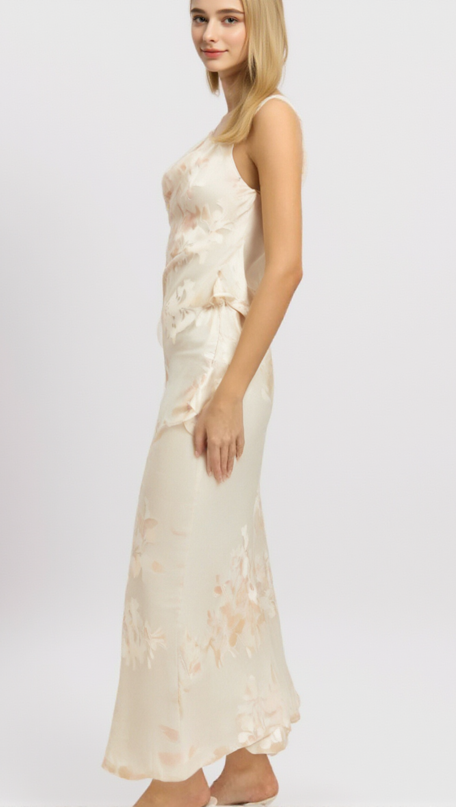 YOLANDA BEIGE FLORAL-JACQUARD MIDI DRESS