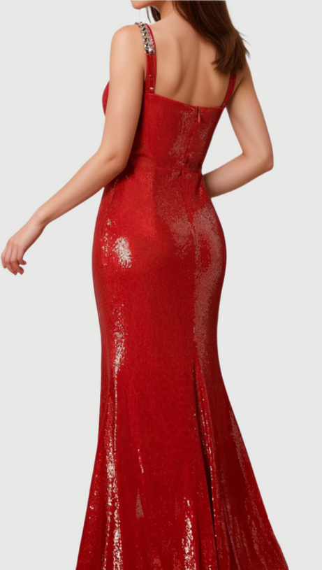 ALTHEA MANIDIS ONE-SHOULDER SEQUIN GLITTER HIGH SLIT MERMAID DRESS