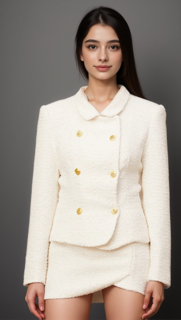 AIIZIE CARLOTTA WHITE DOUBLE-BREASTED TWEED JACKET & SKIRT MATCHING SET - product image