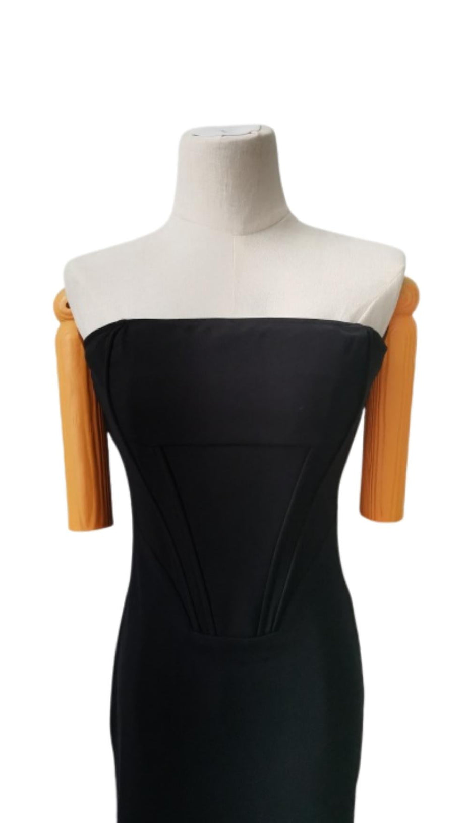 SCHWARZES TRÄGERLOSES FEDERKORSETT-KLEID