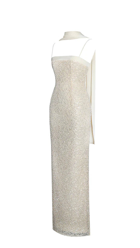 RAIZEL GOLD BEADED SEQUIN BODYCON GOWN WITH SCARF MAXI DRESS