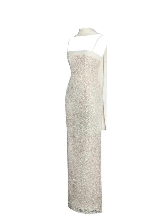 Raizel Maxikleid mit goldenen Perlen und Pailletten, figurbetont und mit Schal