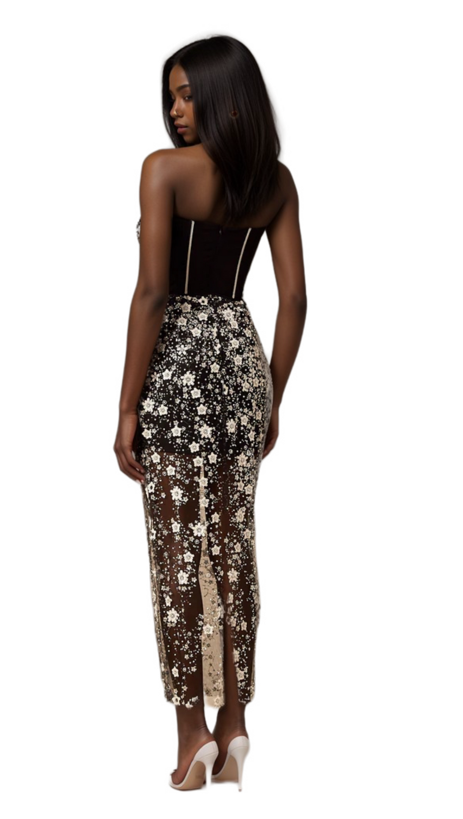 OPHÉLIE BLACK SEQUINED FLOWER CORSET MIDI DRESS