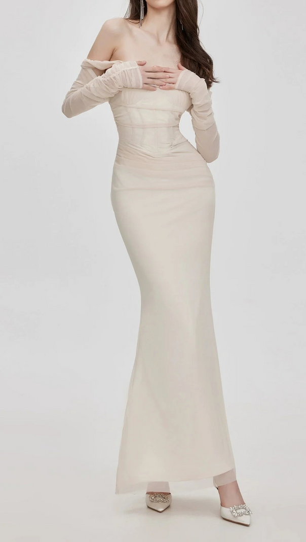 AIIZIE ARIEL APRICOT MESH OFF-SHOULDER MERMAID MAXI DRESS - product image