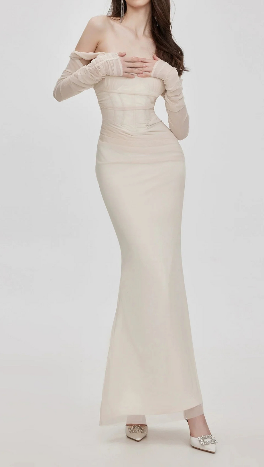 ARIEL APRICOT MESH OFF-SHOULDER MERMAID MAXI DRESS