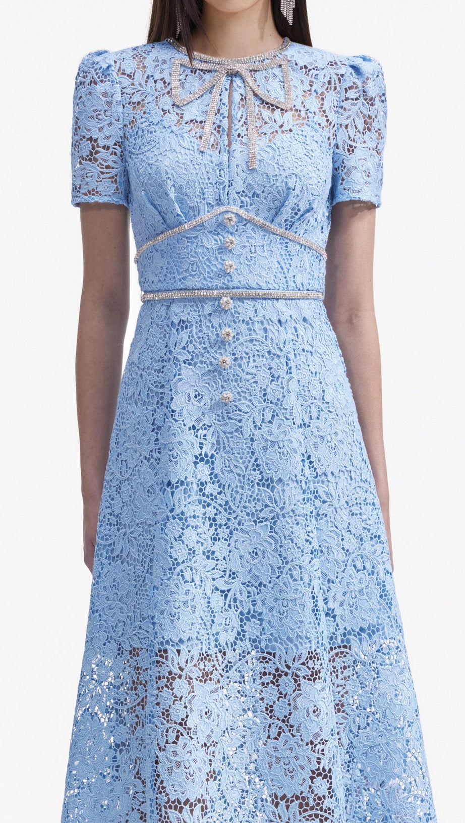 BLUE CORD LACE BOW MIDI DRESS