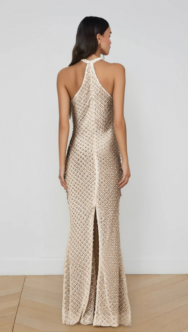 AIIZIE CLAUDINE WHITE EMBELLISHED HALTERNECK MAXI DRESS - product image