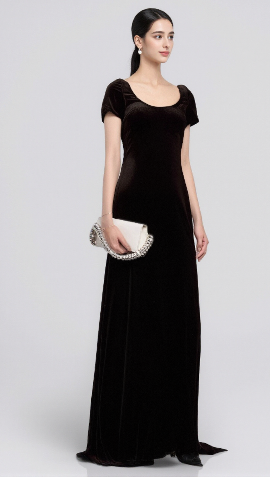 KRISTIN BLACK FAUX-PEARL EMBELLISHED VELVET MAXI DRESS