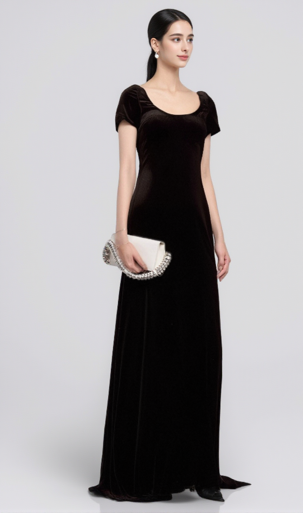 KRISTIN BLACK FAUX-PEARL EMBELLISHED VELVET MAXI DRESS