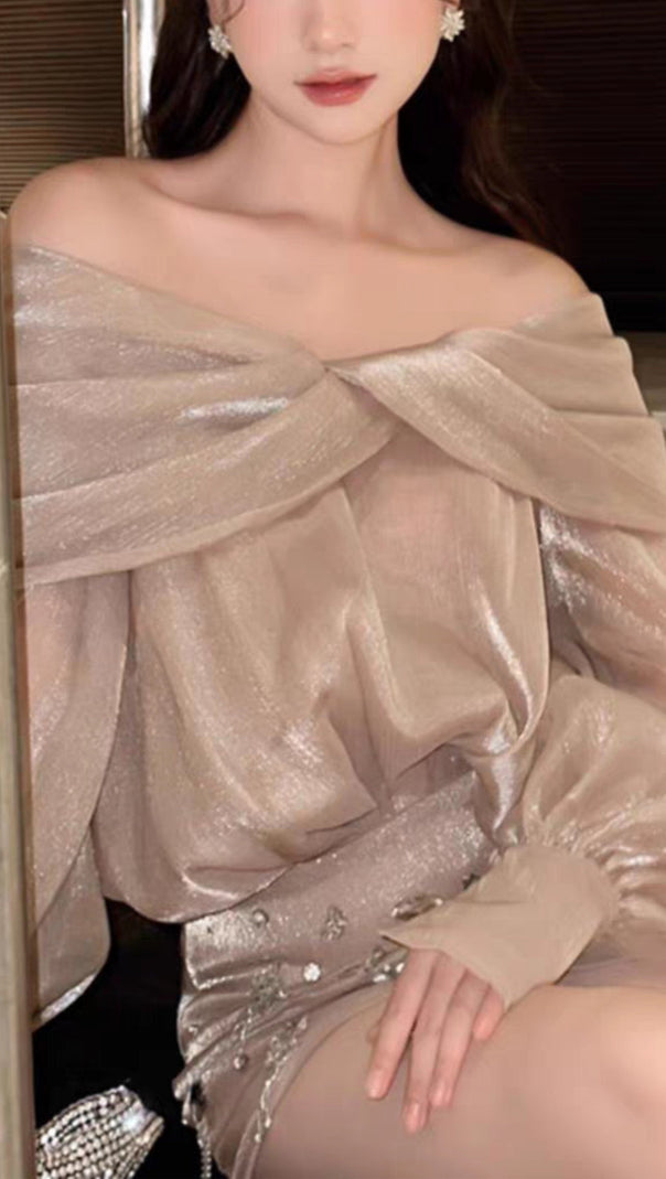 AIIZIE OFF-THE-SHOULDER PEARLESCENT SHIRT MINI DRESS - product image