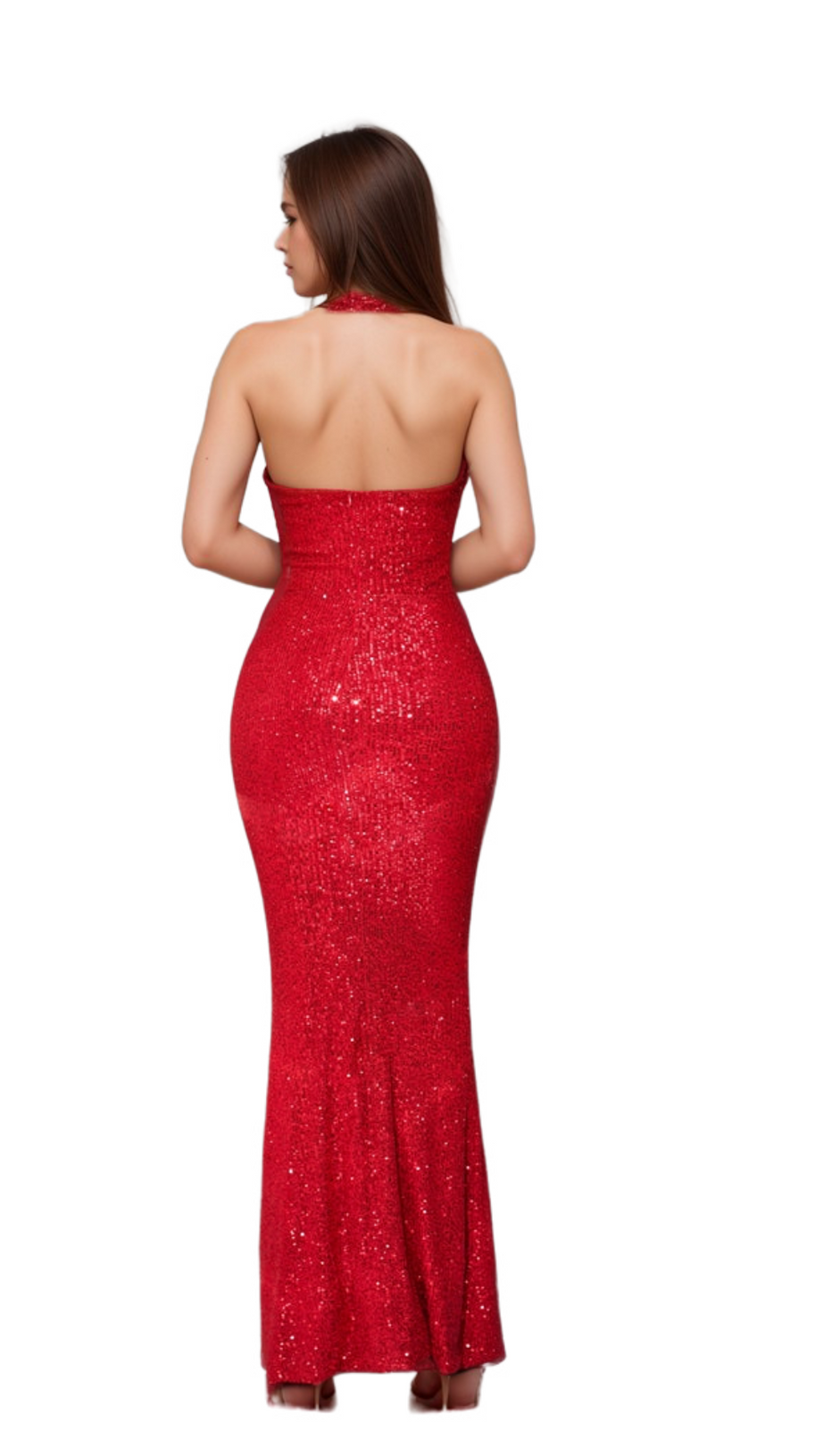 ALISA HALTER SEQUIN EMBELLISHED GOWN IN RED