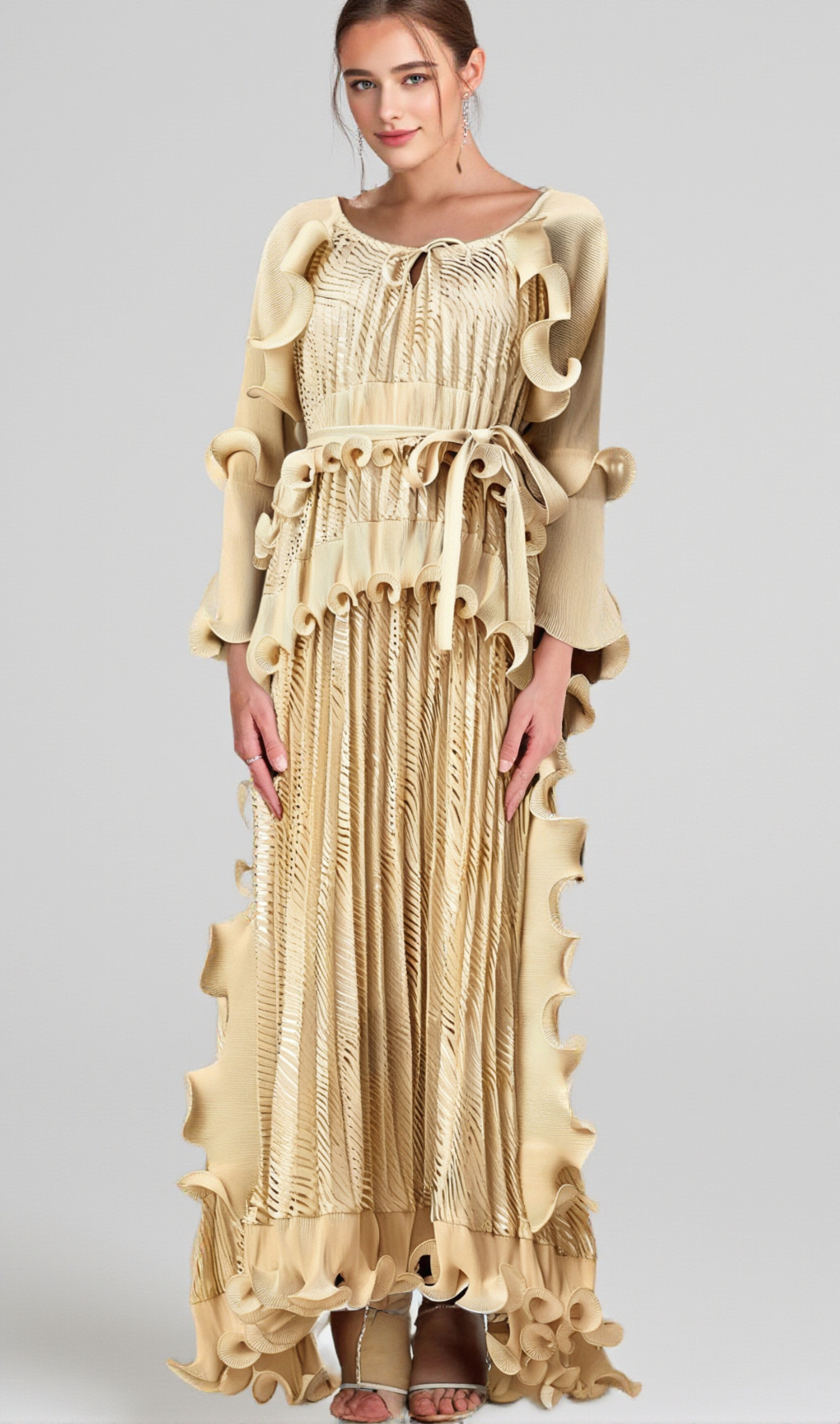 ELLIE NEUTRALS GILDED RUFFLED MIDI DRESS