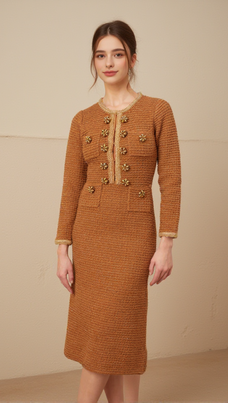 BRAIDED-EDGE TWEED MIDI DRESS IN BROWN