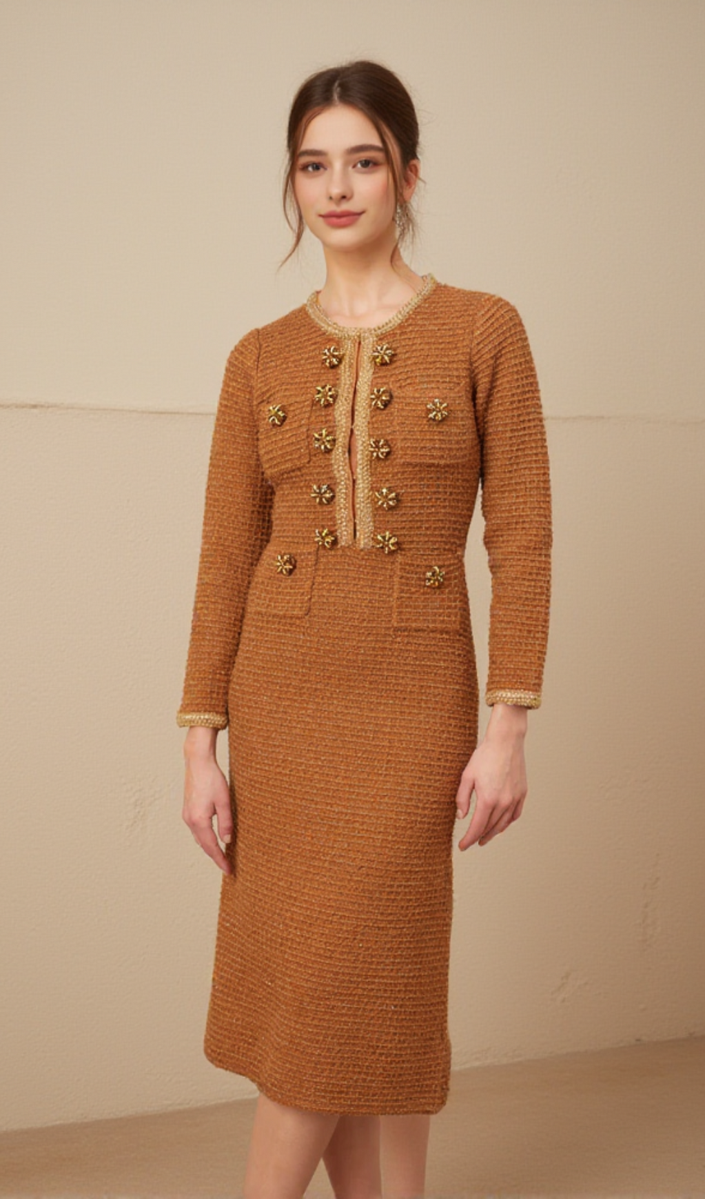 BRAIDED-EDGE TWEED MIDI DRESS IN BROWN