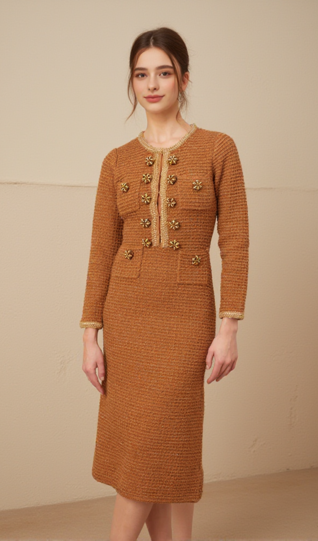 Tweed-Midikleid mit geflochtenem Rand in Braun