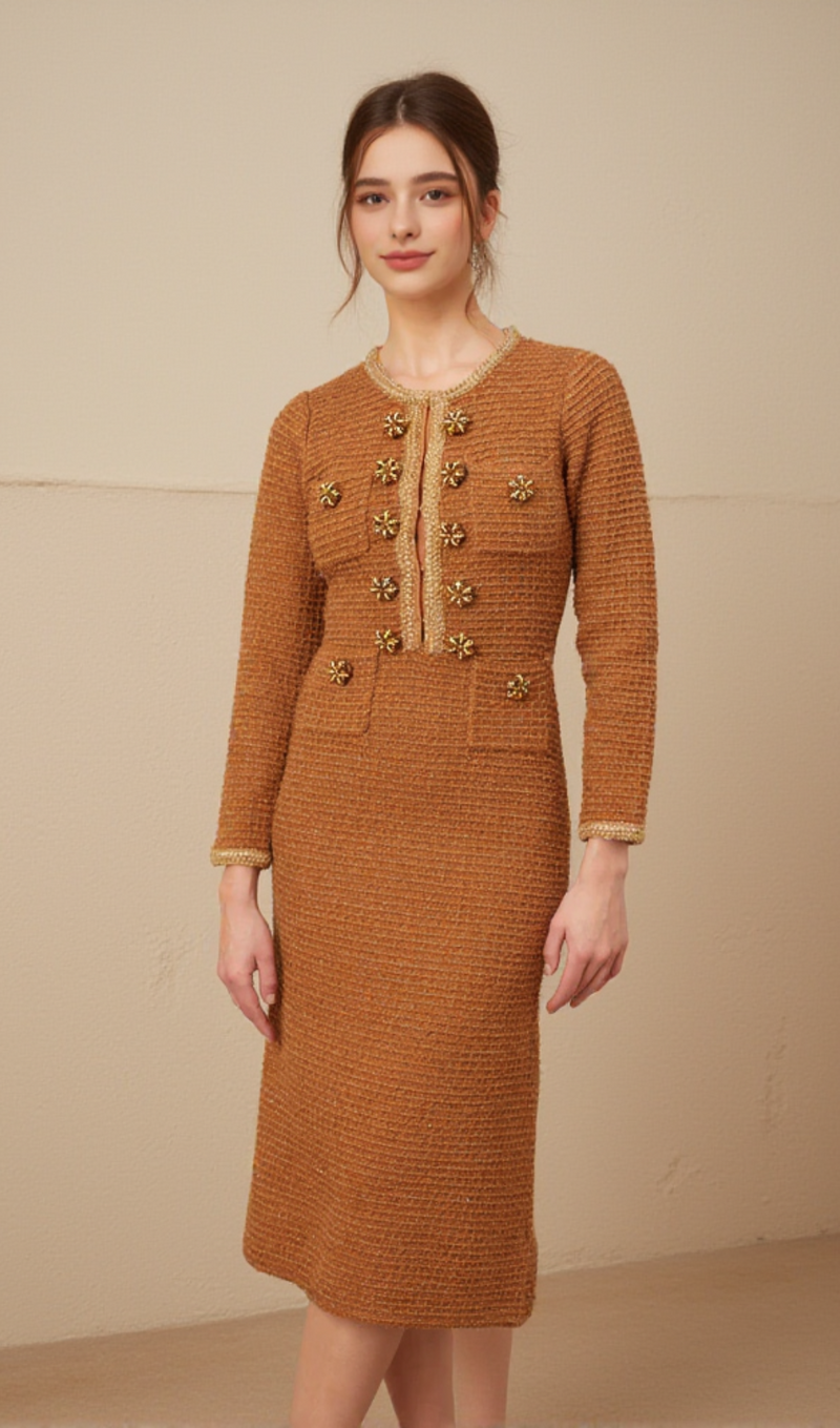 braided-edge tweed midi dress in brown