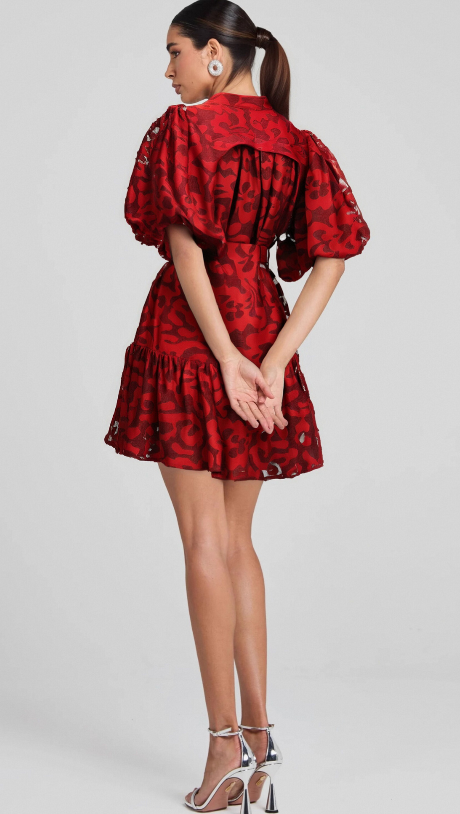 ATHÉNAÏS RED JACQUARD SEMI-SHEER MINI DRESS
