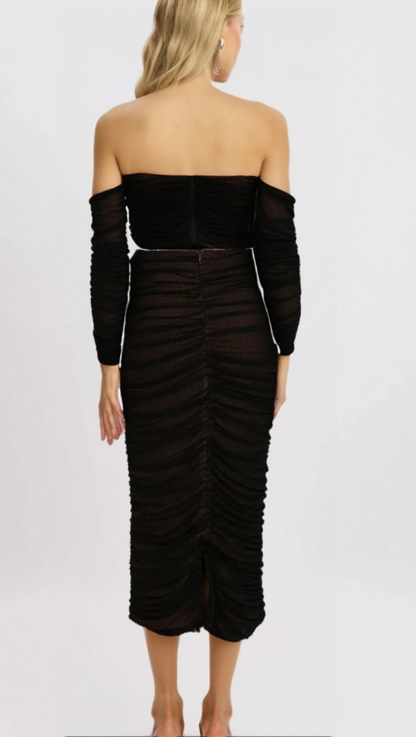 AIIZIE GWENONWY BLACK RUCHED MESH TOP & SKIRT MATCHING SET - product image