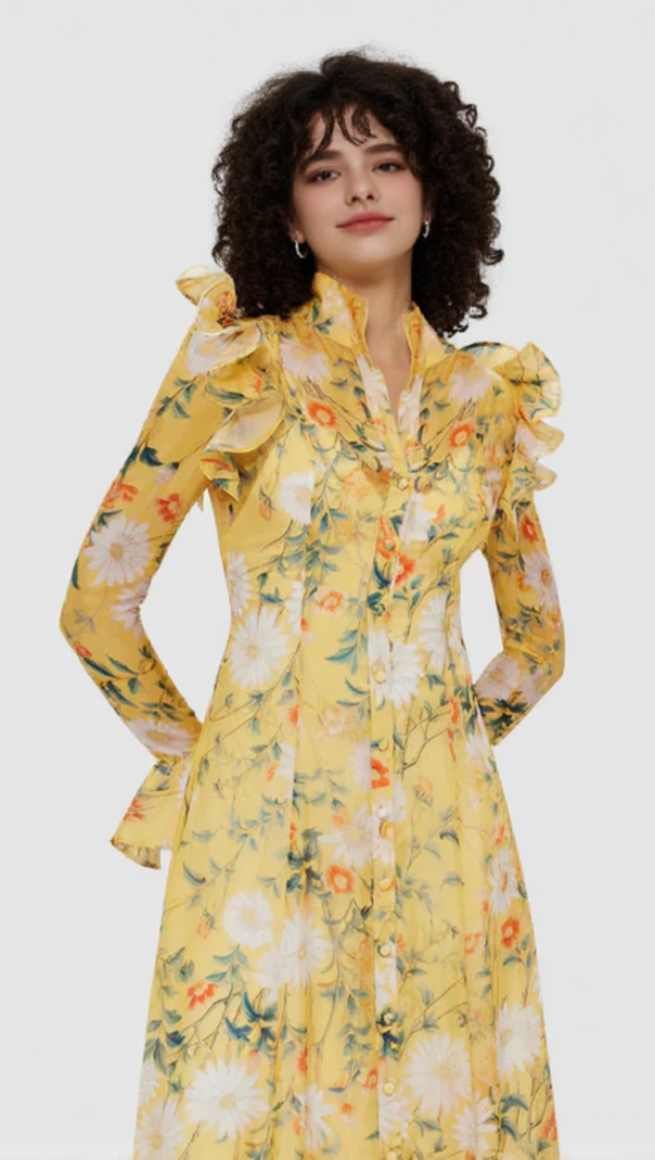 AIIZIE DAISY PRINT BUTTERFLY SLEEVE MIDI DRESS IN YELLOW - product image