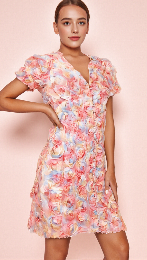 AIIZIE FAWN FLOWER EMBROIDERY BUTTON MINI DRESS IN PINK - product image