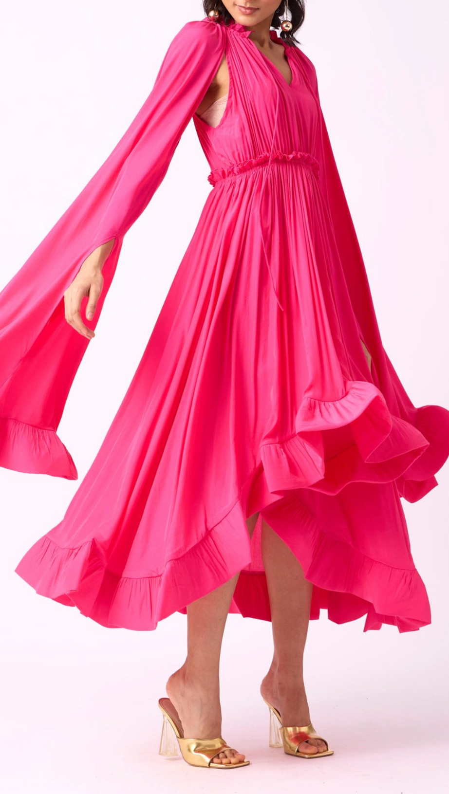 RUFFLE TRIM MAXI DRESS IN ROSE RED