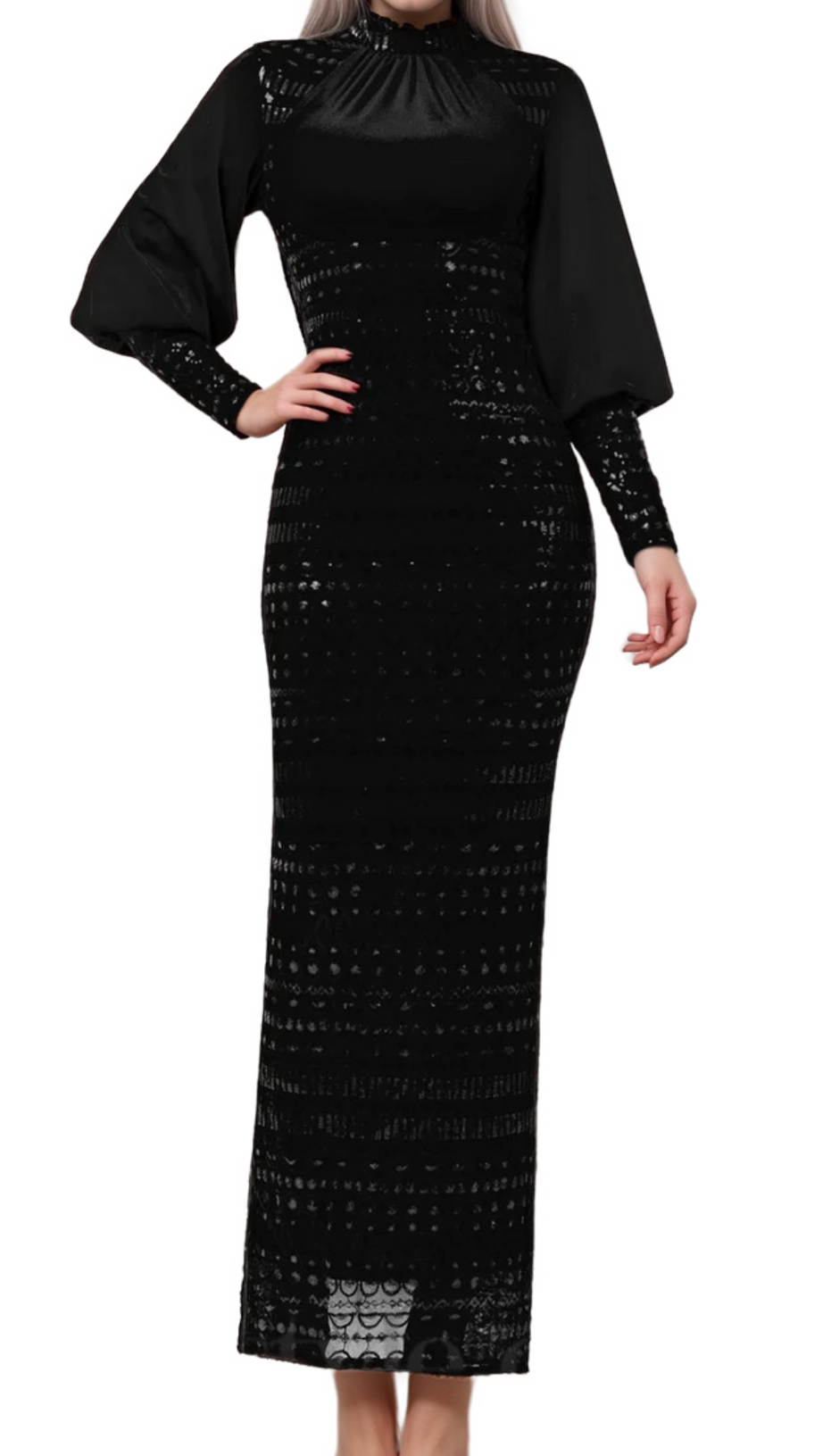 BEATRICE SEQUIN LONG SLEEVE MAXI DRESS IN BLACK
