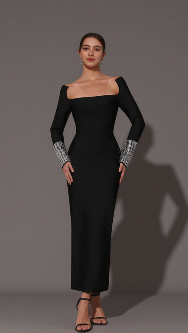 AIIZIE SQUARE NECK DIAMOND TIGHT BANDAGE MAXI DRESS IN BLACK - product image
