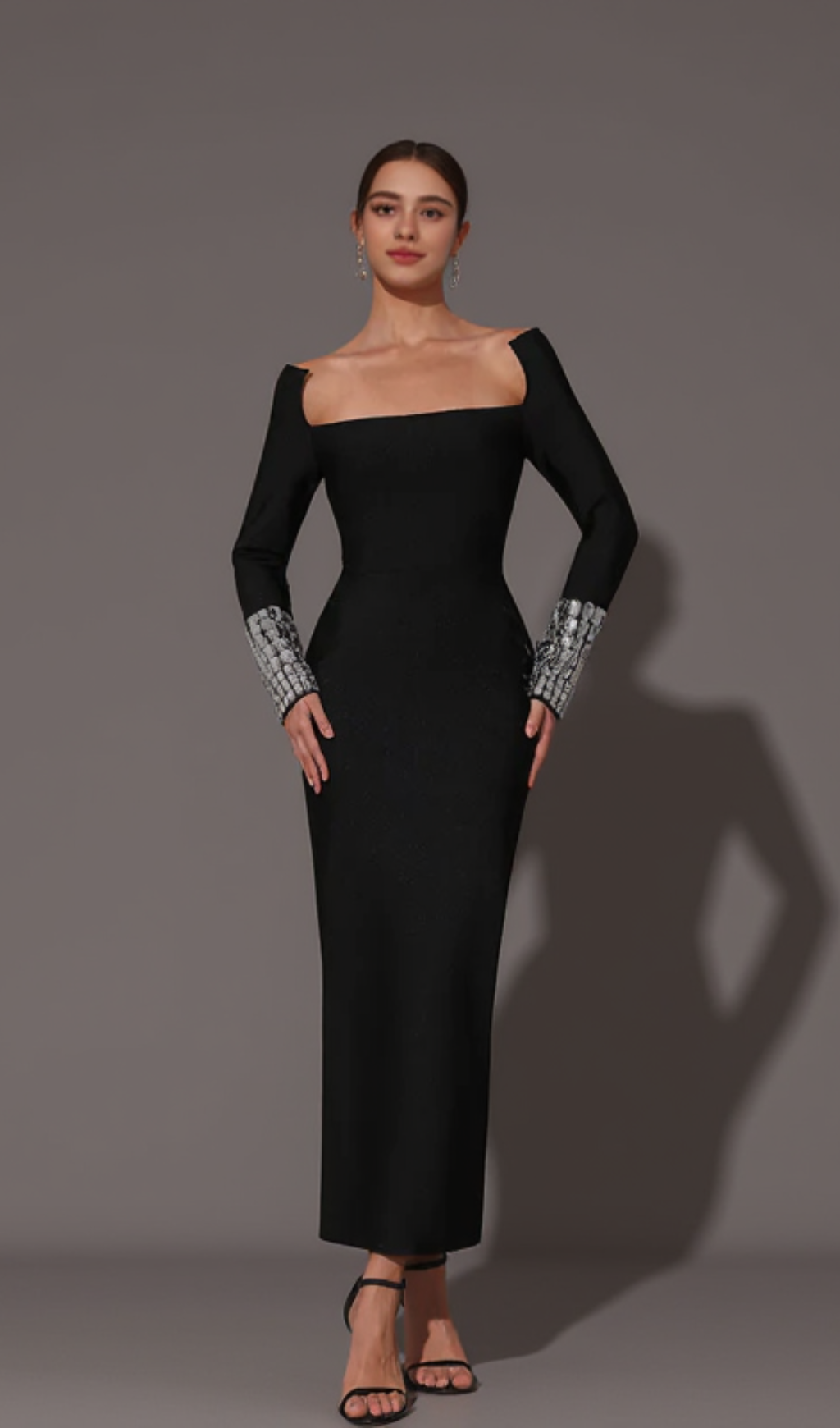 SQUARE NECK DIAMOND TIGHT BANDAGE MAXI DRESS IN BLACK