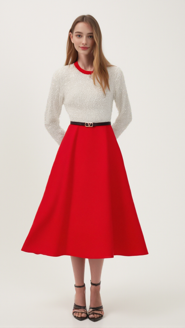 AIIZIE CHLOÉ RED LONG-SLEEVE SEQUINED PATCHWORK MIDI DRESS - product image