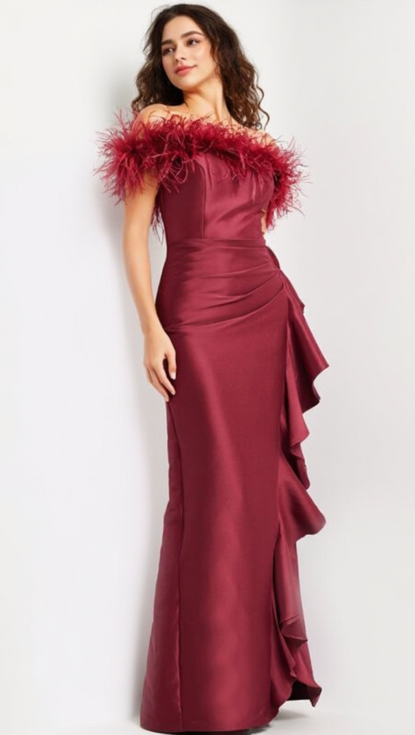 AIIZIE DRAPED SHEATH FEATHER DETAIL MAXI DRESS IN RED - product image