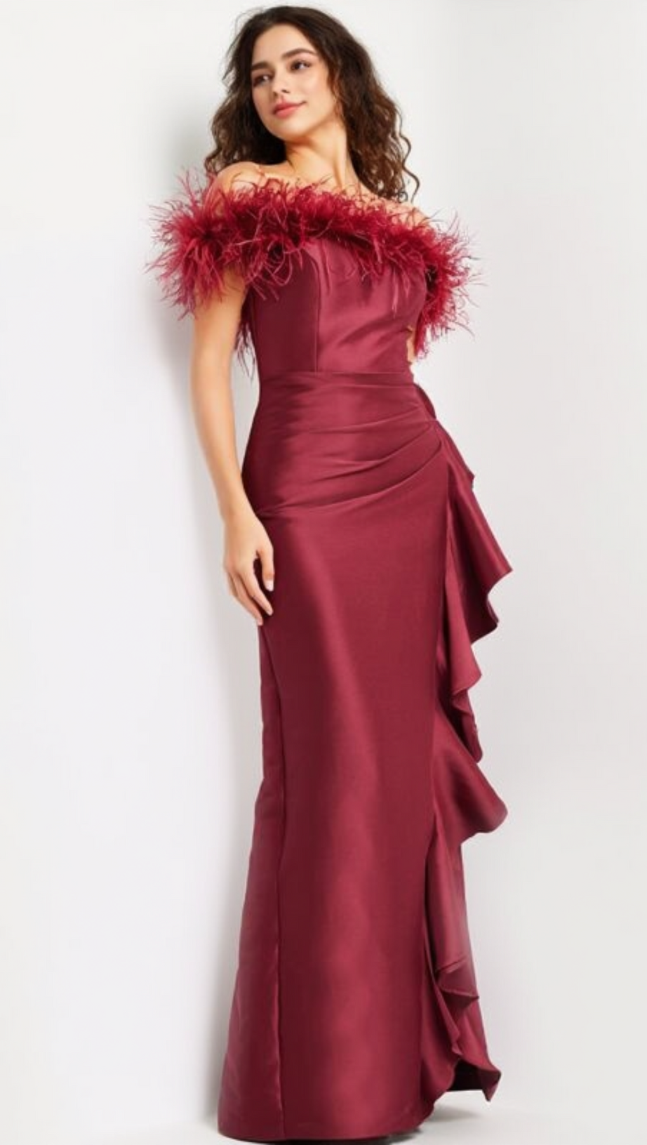 DRAPED SHEATH FEATHER DETAIL MAXI DRESS IN RED