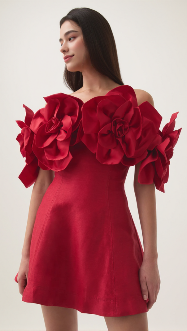 AIIZIE ETTA FLOWER STRAPLESS MINI DRESS IN RED - product image