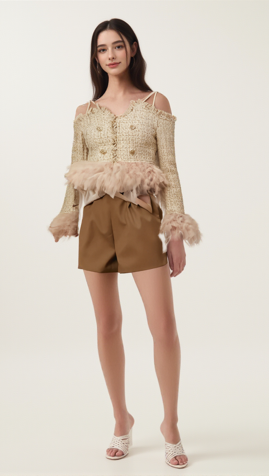 LAETIECIA OFF-SHOULDER FEATHER-TRIM TWEED TOP