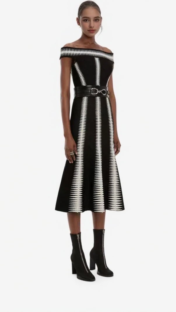 AIIZIE JACQUARD OFF-SHOULDER MIDI DRESS IN BLACK - product image