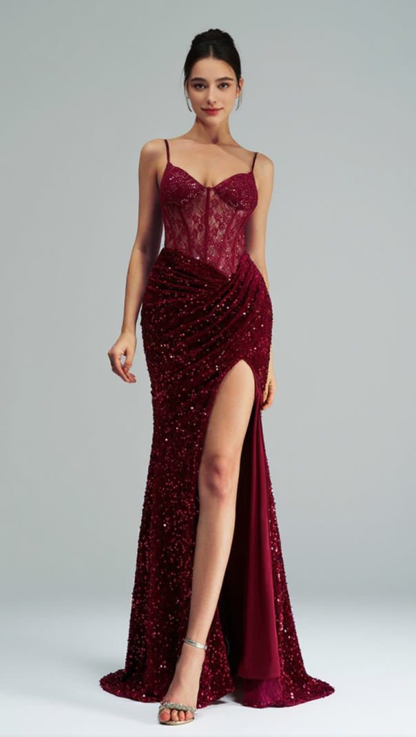 AIIZIE LACE CORSET SEQUIN MAXI DRESS IN RED - product image