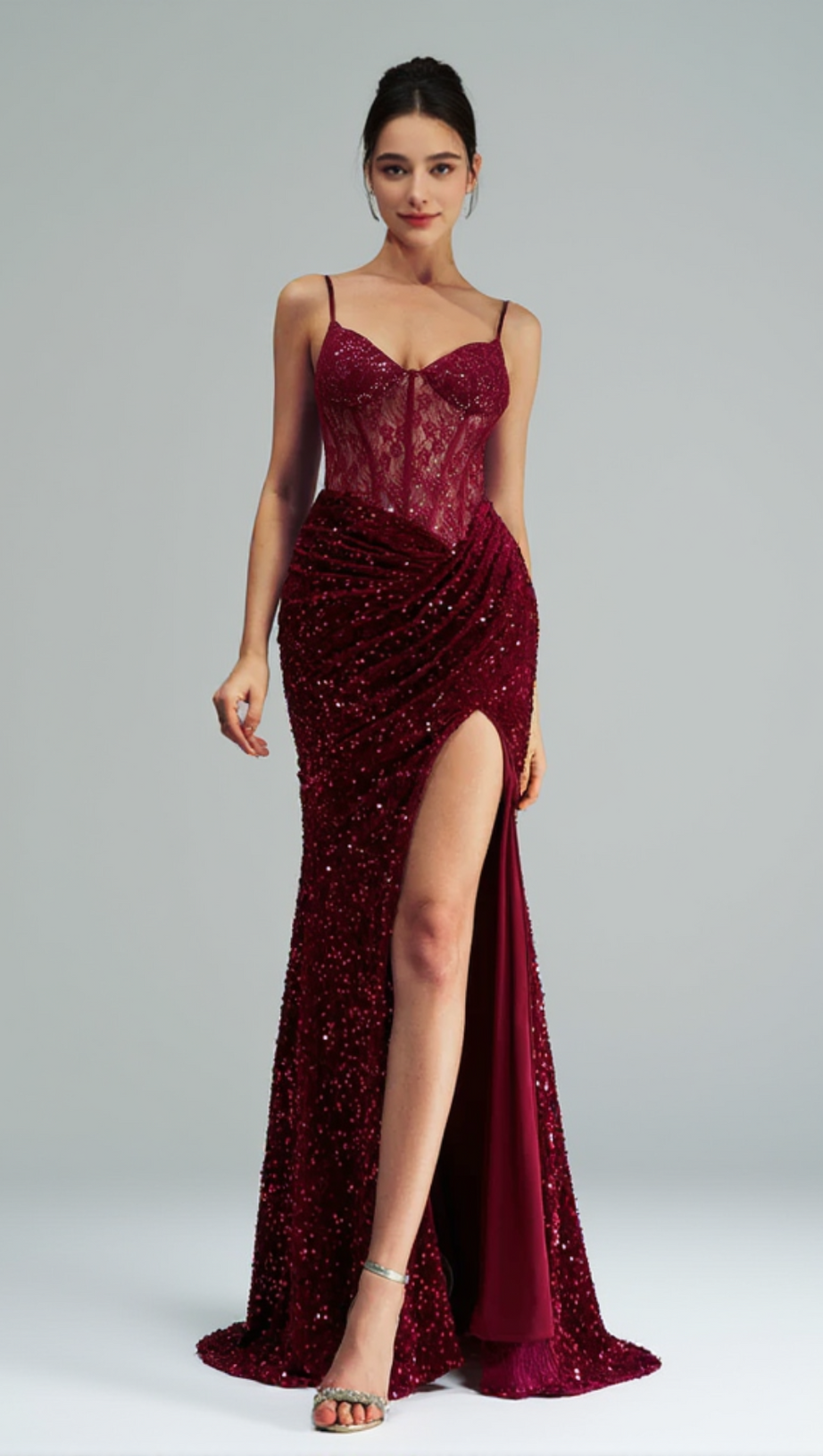 LACE CORSET SEQUIN MAXI DRESS IN RED