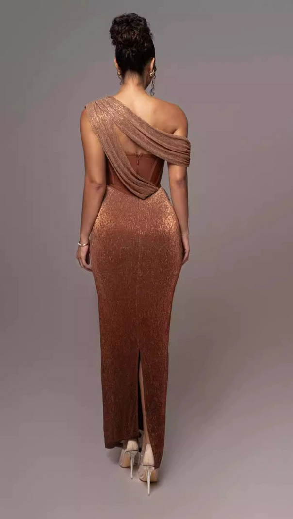 AIIZIE ONE SHOULDER DRAPED GLITTER BROWN CORSET OPEN BACK MAXI DRESS - product image