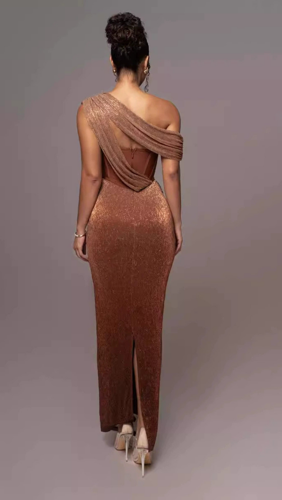 ONE SHOULDER DRAPED GLITTER BROWN CORSET OPEN BACK MAXI DRESS
