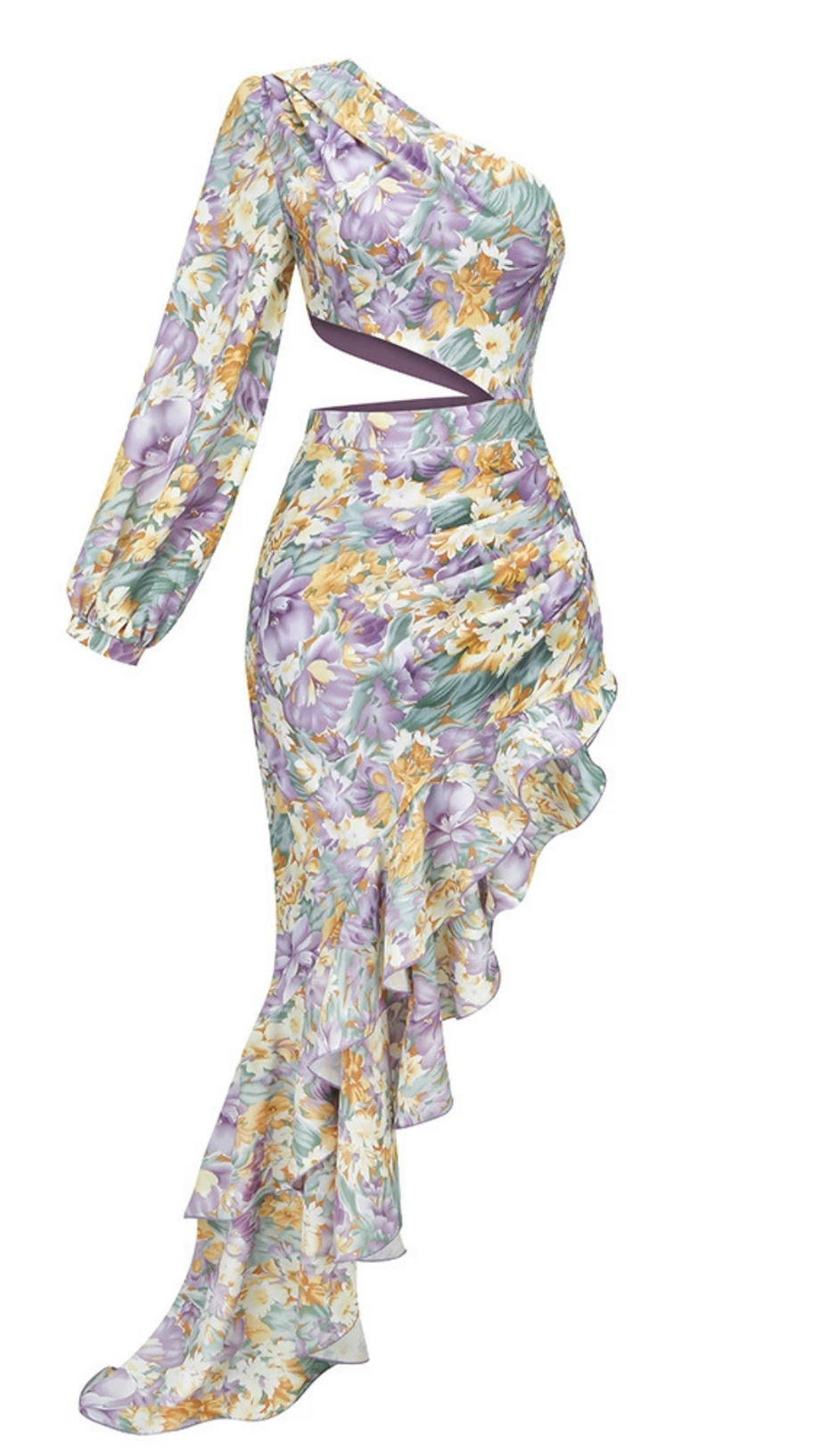 ASYMMETRICAL RUFFLED ONE SLEEVE MIDI DRESS