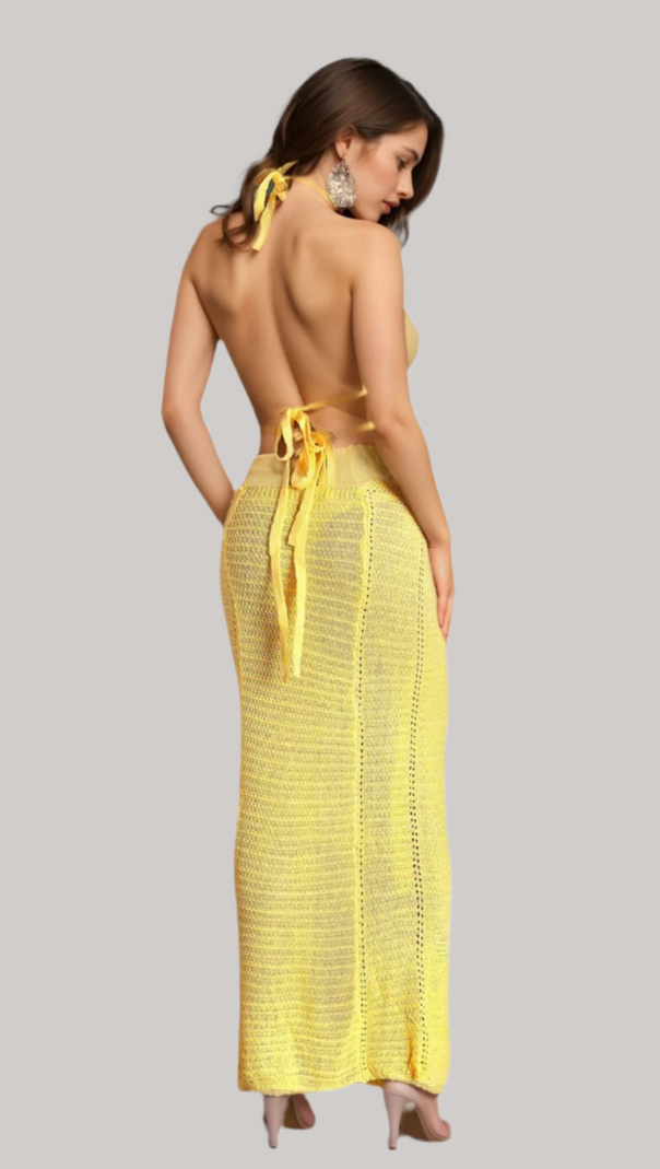 AIIZIE BIRIDI HALTER SHEER KNIT DRESS IN YELLOW - product image