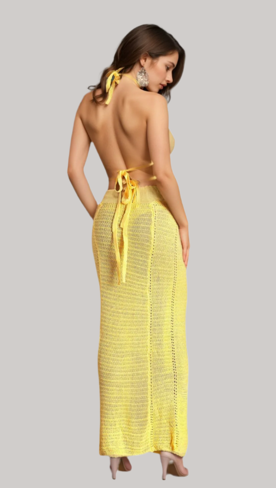 BIRIDI HALTER SHEER KNIT DRESS IN YELLOW