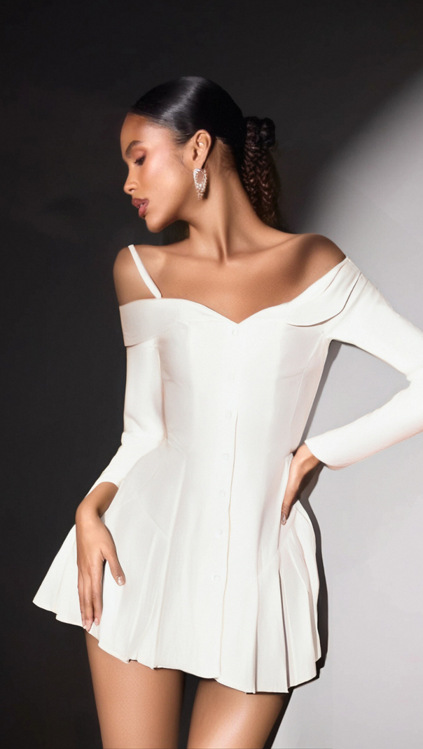AIIZIE OFF-SHOULDER PLEATED TRIM MINI DRESS IN WHITE - product image