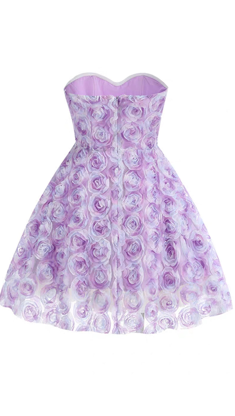 3D ROSE FLOWER STRAPLESS MIDI DRESS IN PURPLE