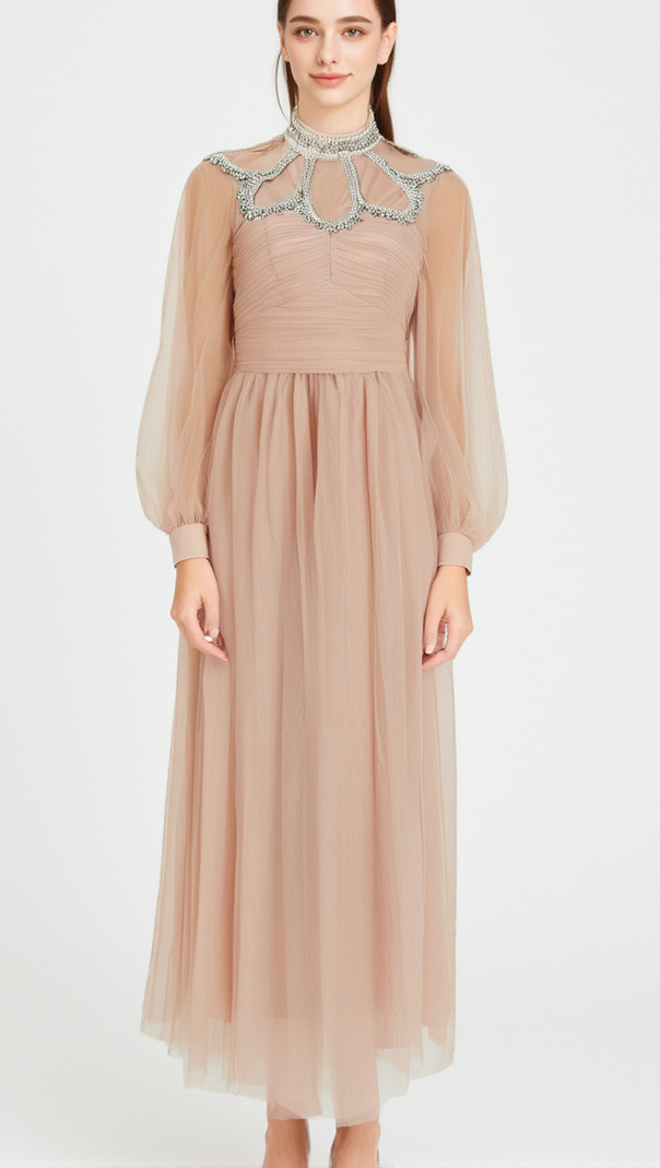 AIIZIE CALIXTE PINK EMBELLISHED TULLE MIDI DRESS - product image