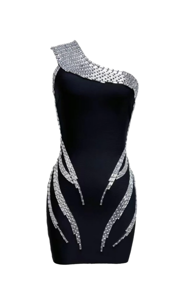AIIZIE ONE SHOULDER RHINESTONE MINI DRESS IN BLACK - product image