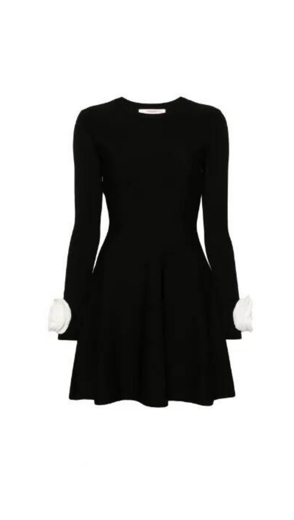 AIIZIE CHERYL 3D FLOWER ROUND NECK LONG SLEEVE BLACK MINI DRESS - product image