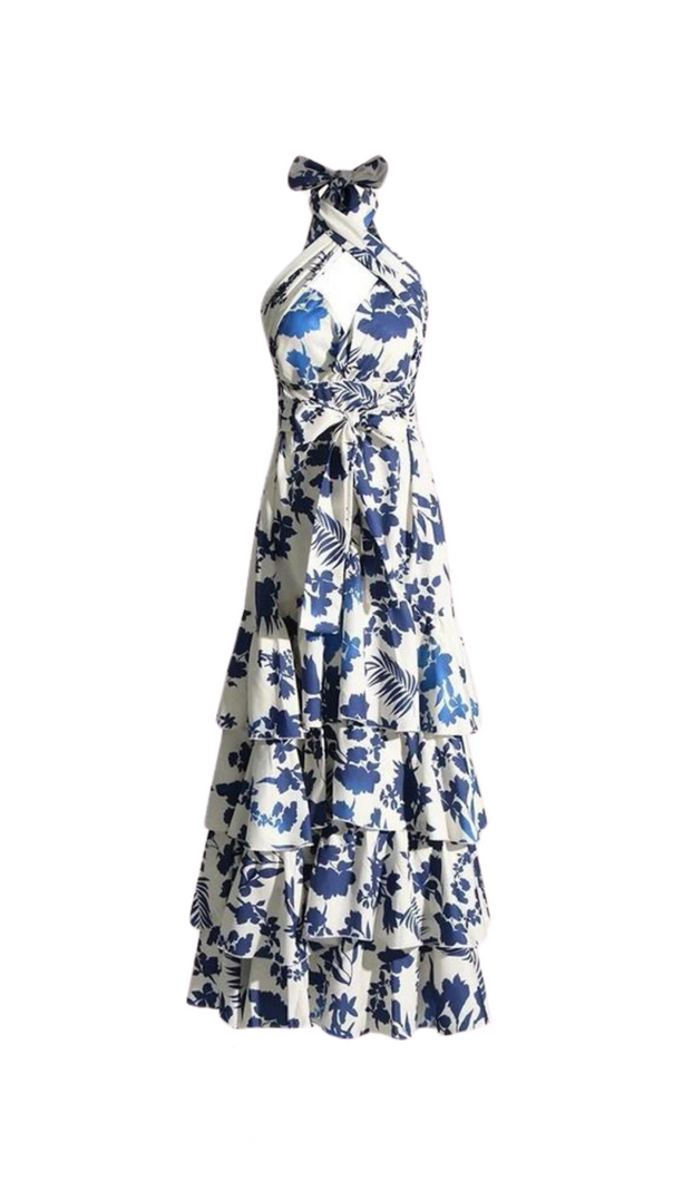 AIIZIE CAROLINE SLEEVELESS RUFFLED PRINT HALTER MAXI DRESS - product image