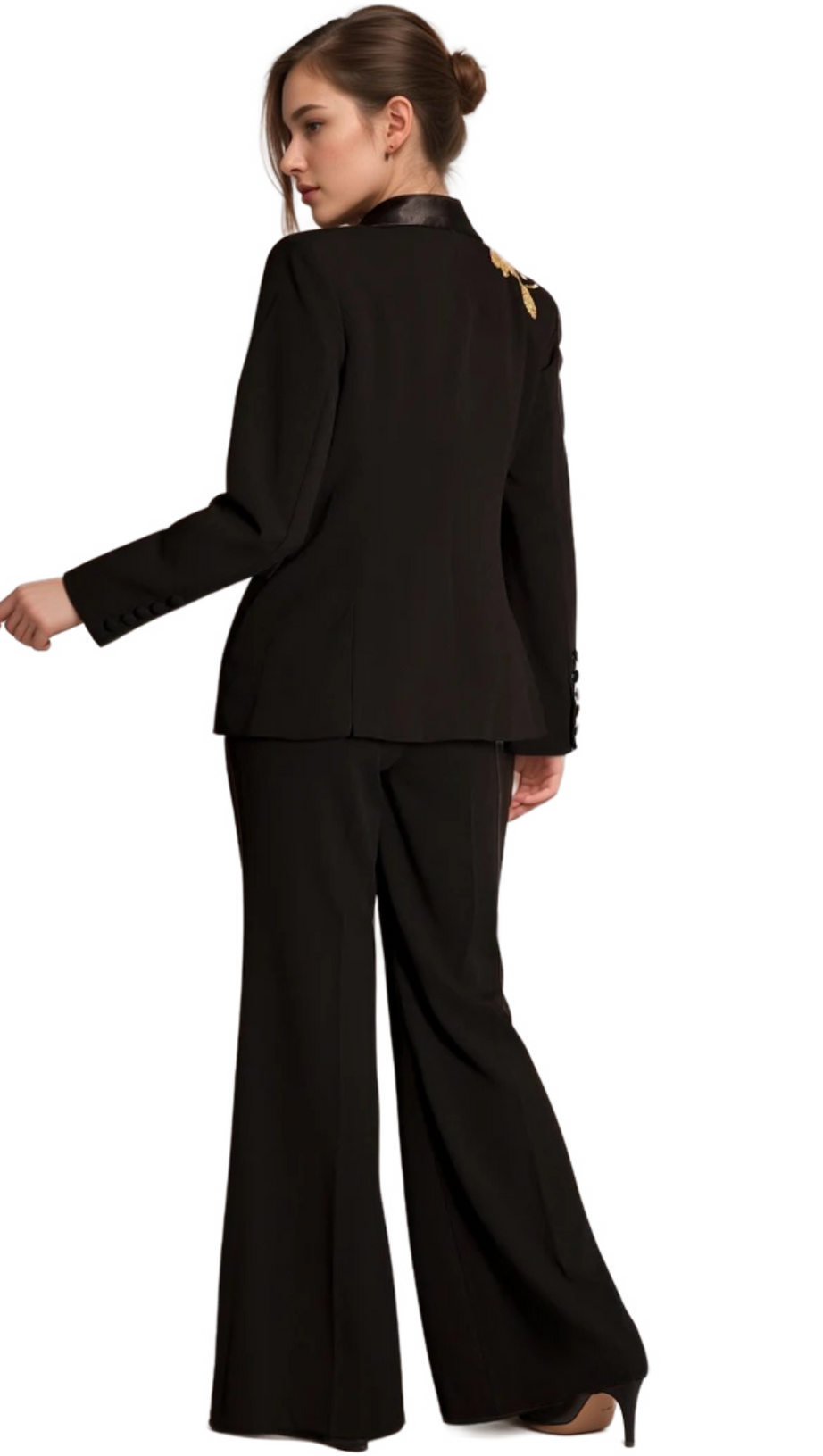 ANGELA PRIMATOU BLACK EMBROIDERED FLARED BLAZER SUIT