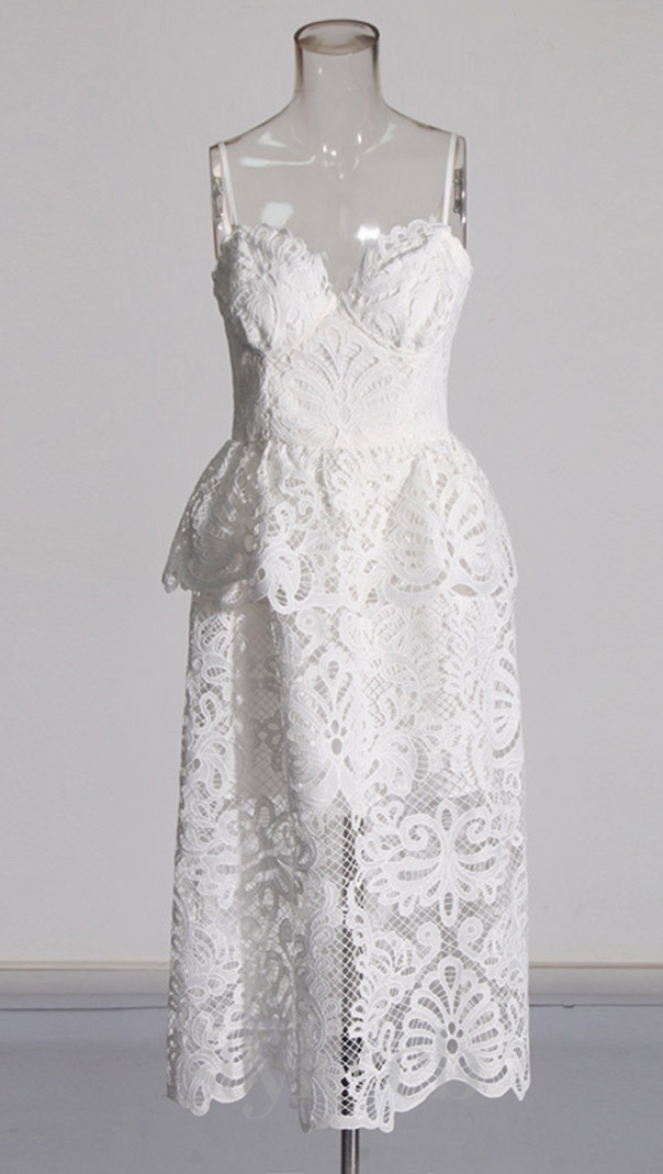 AIIZIE EVELYN CUT OUT LACE LAYERING MIDI DRESS IN WHITE - product image