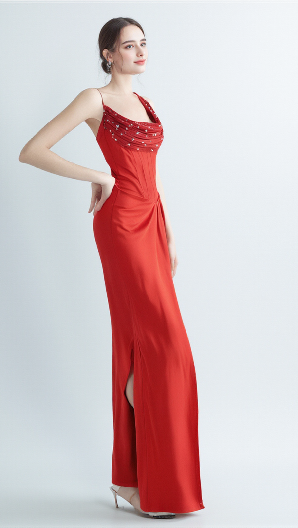 AIIZIE ELMA ONE-SHOULDER CRYSTAL DETAIL HIGH SLIT MAXI DRESS IN RED - product image